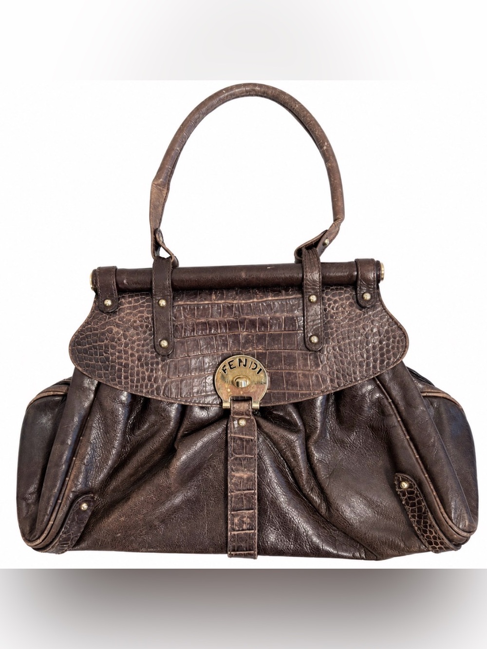 Authentic Fendi Magic Bag Brown Leather Croc Embossed Vintage Y2K